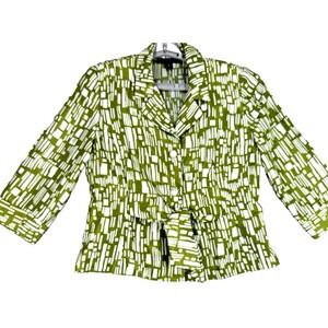 Perceptions New York Front Tie Blouse 12 Green Geo Peplum Office Tailored Y2K